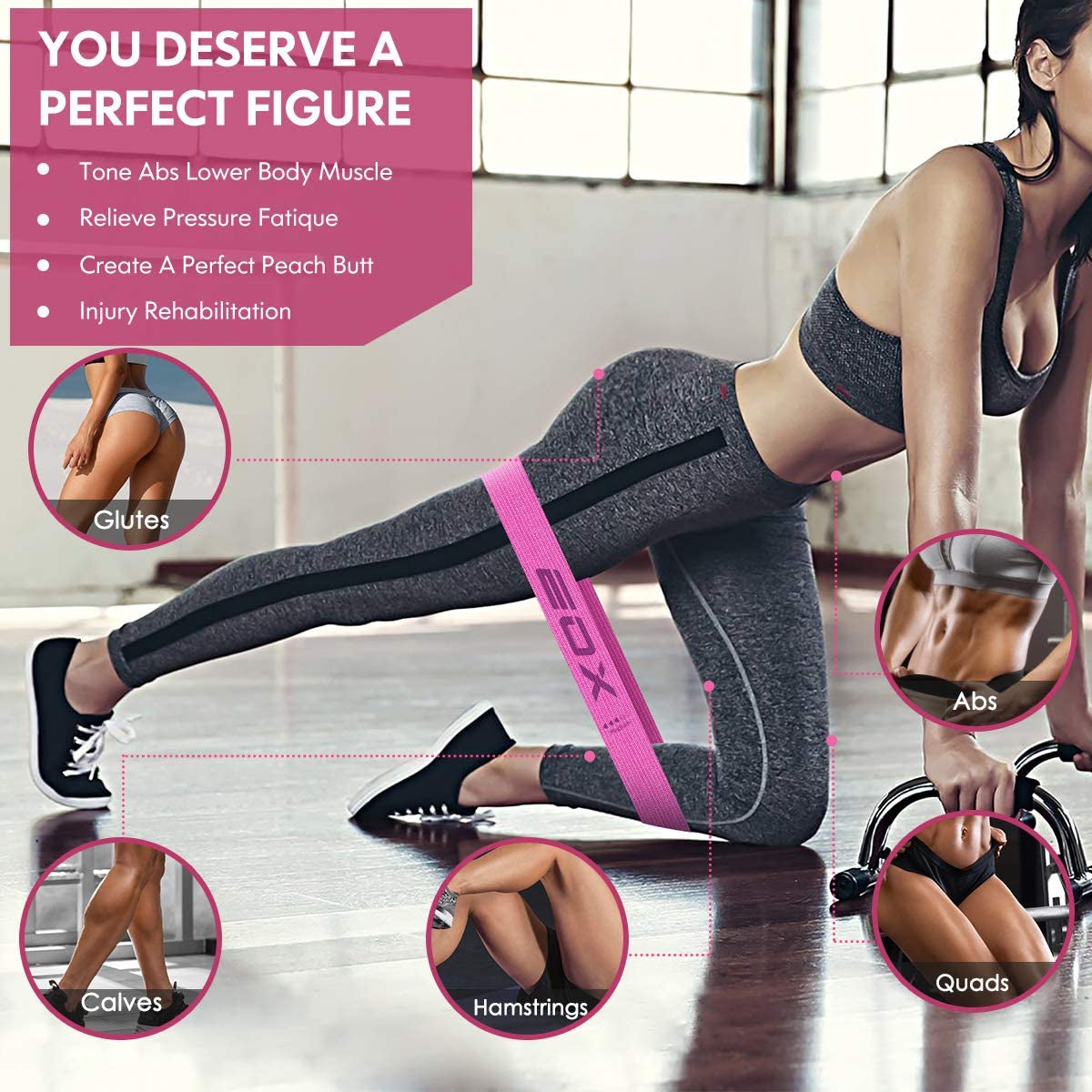 Exercise Resistance Fabric Loop Bands, Non-Slip Resistance Workout Bands for Legs & Butt and Glutes, 5 Resistance Levels Hip Training Bands (Pink)